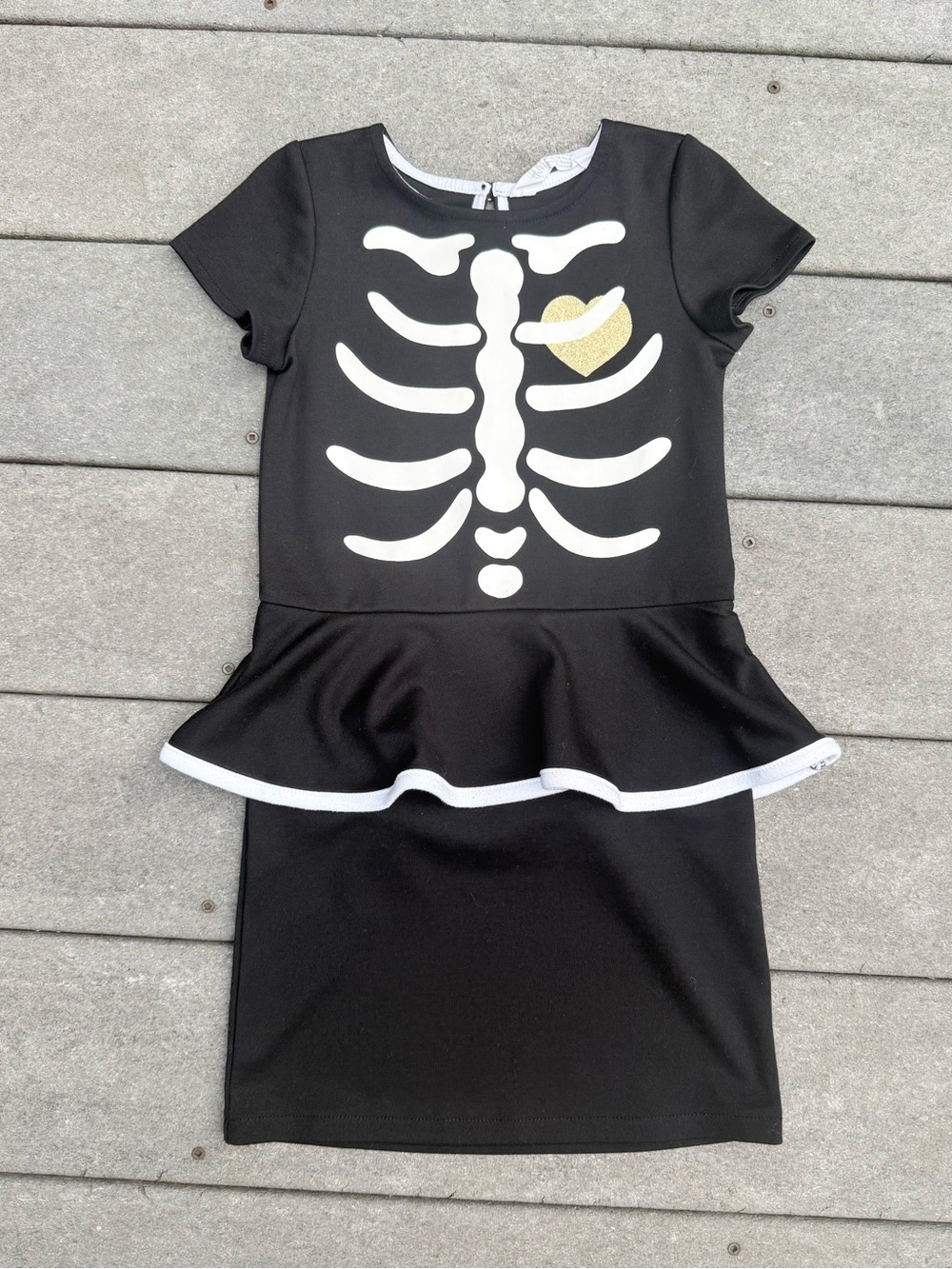 Girls Black Skeleton Peplum Costume Halloween Dress with Gold Heart